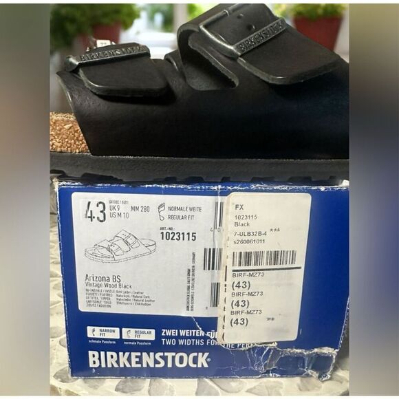 Birkenstock Arizona Grip Premium Leather Sandals Black Vintage Wood Unisex 43 EU